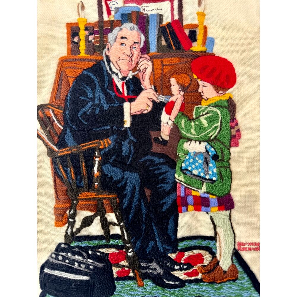 Vintage Hand-Stitched Needlepoint Textile “The Doctor and the Doll”
